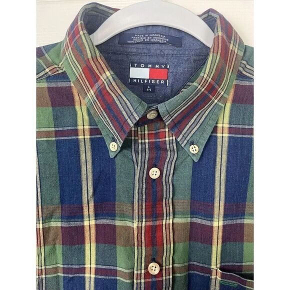 Vintage Tommy Hilfiger Men’s L Plaid Long Sleeve Cotton Button Down Shirt - Picture 2 of 8